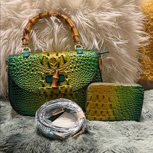 Green Ombre Croc-Embossed Satchel with Bamboo Handle and Wallet